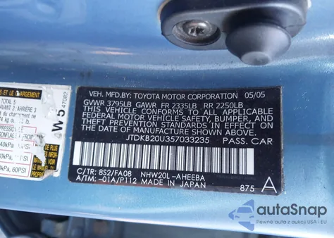 2005 Toyota Prius z USA, uszkodzony, nr VIN JTDKB20U357033235